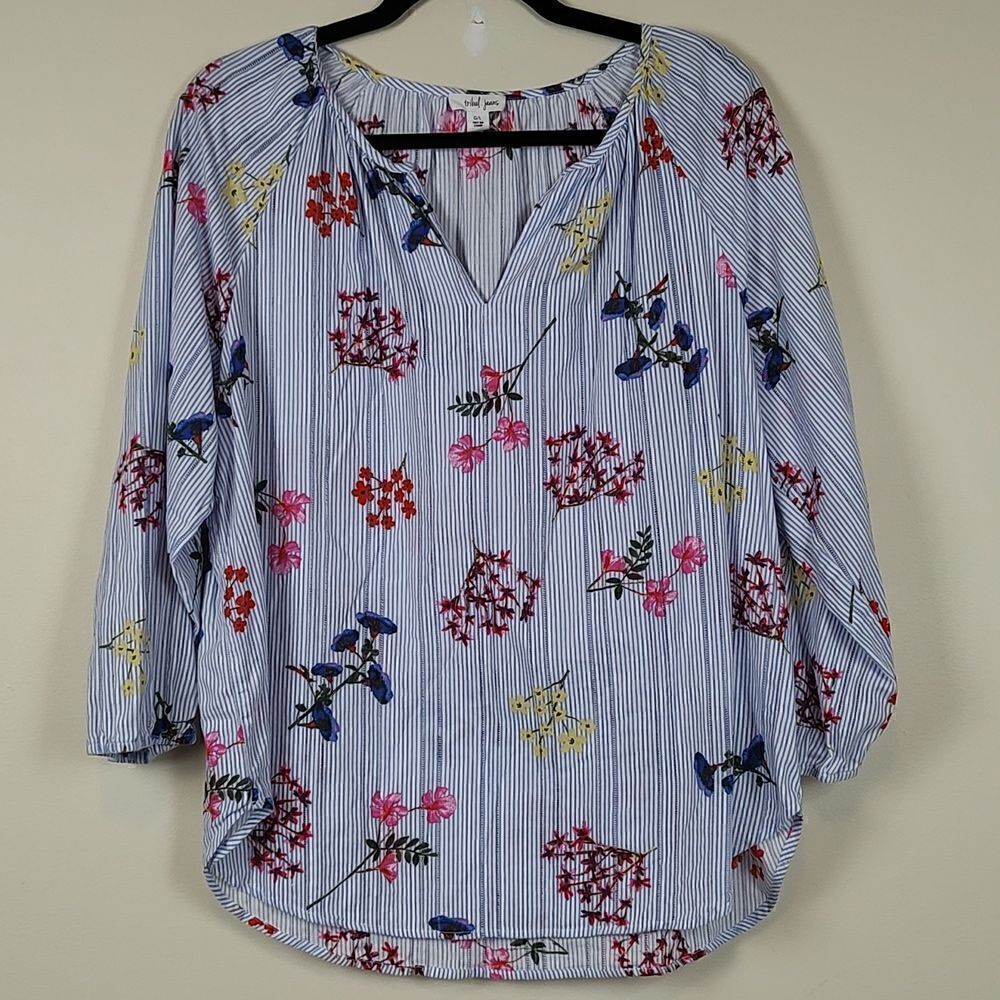 Coastal Floral Pinstripe Blouse Size L Tribal Jeans Relaxed Fit Top